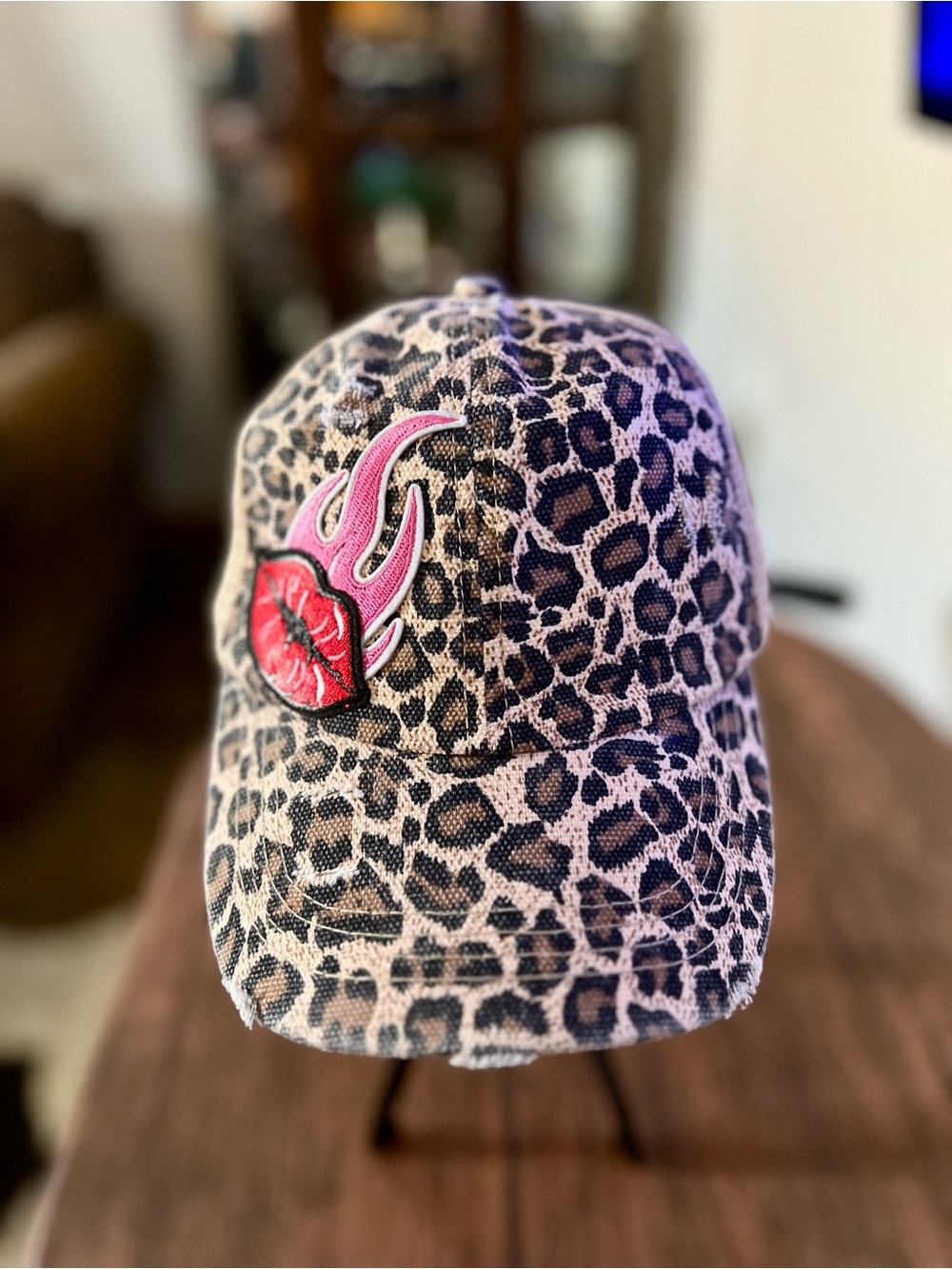 Women’s Leopard Print Ponytail Style Cap with Pink Lip Patch, and Flame Patch